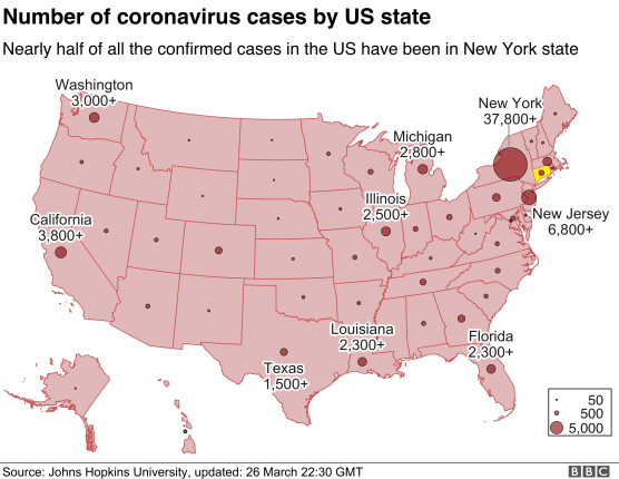 Coronvairus cases by state BBC